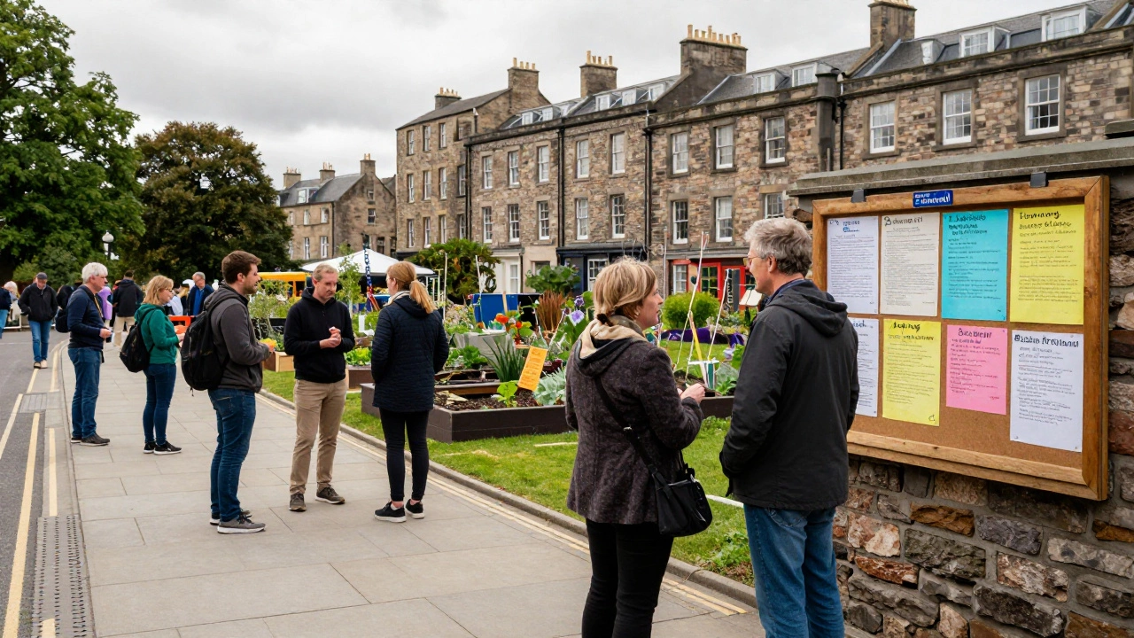 Volunteers and locals interacting at a community hub with a notice board.