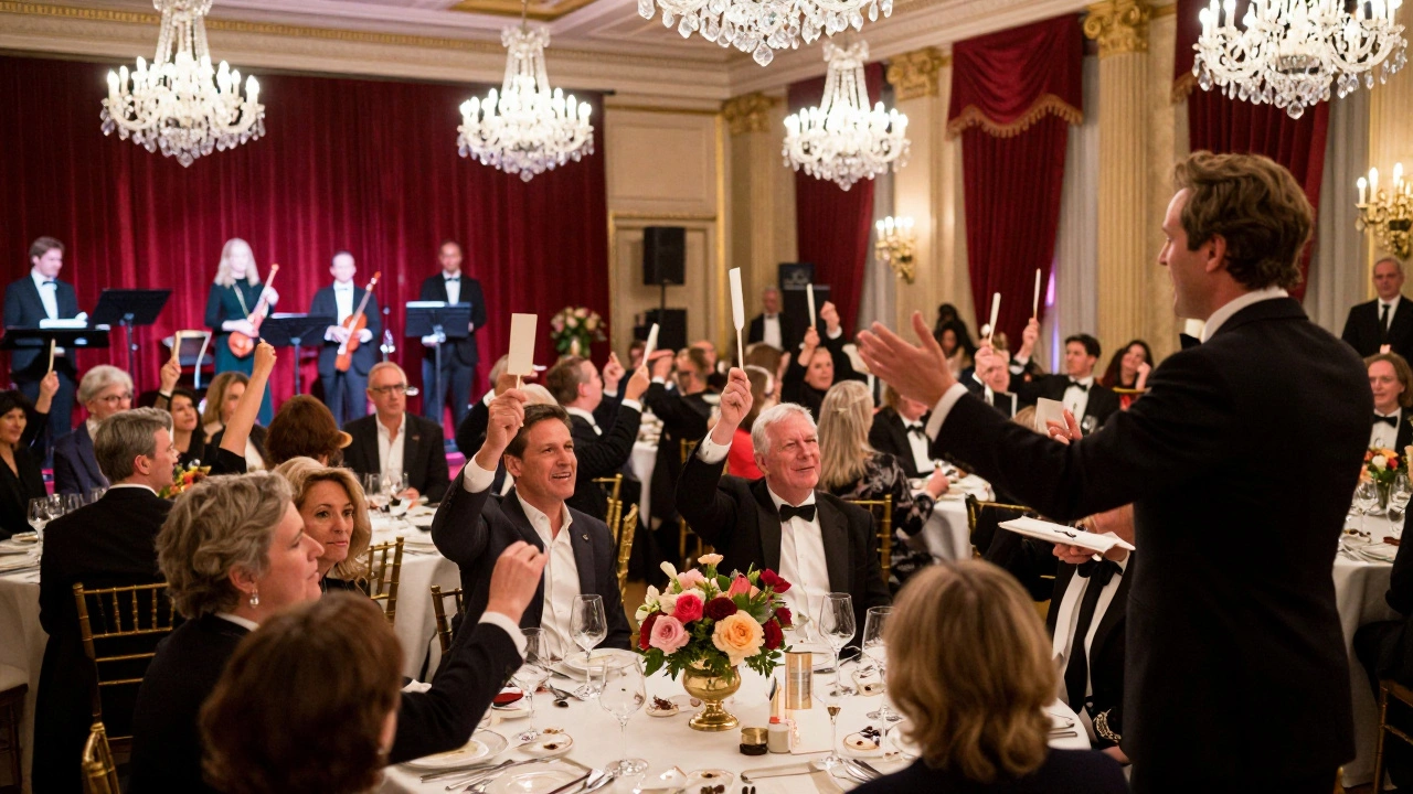 Attendees bidding at an elegant charity gala auction