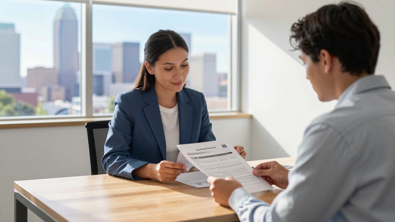 Case manager helping client with housing paperwork in sunlit office