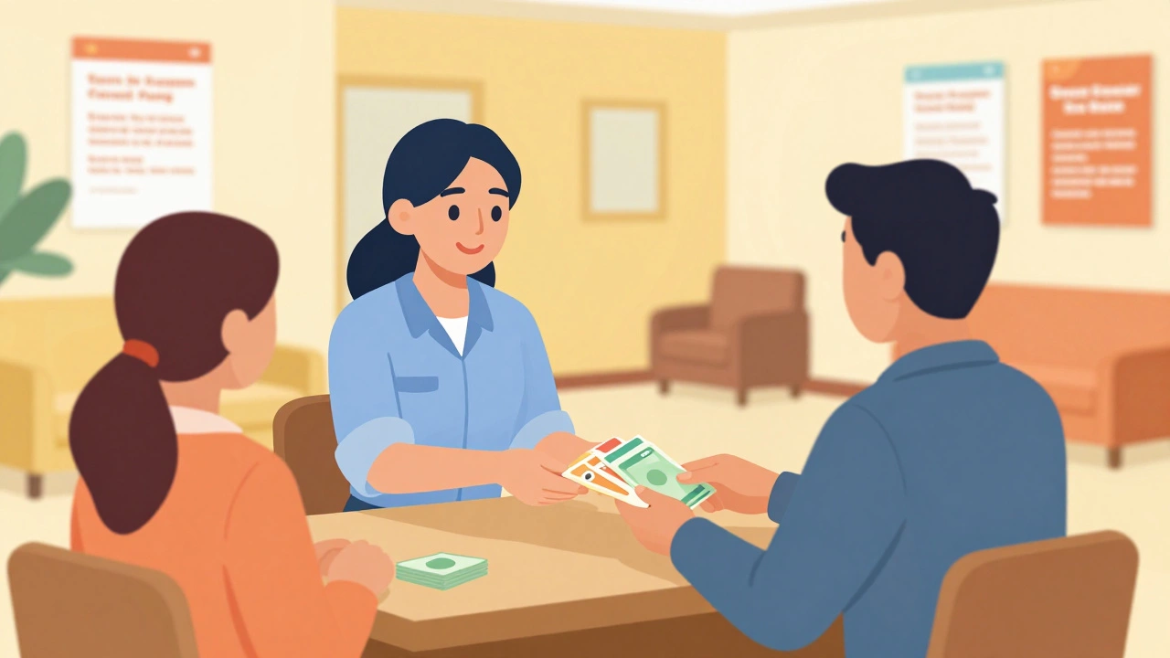 Caseworker giving vouchers and cash at shelter
