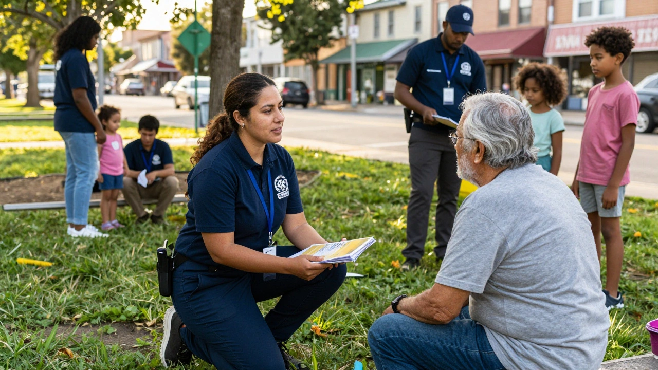 Community liaison talking with residents in a park