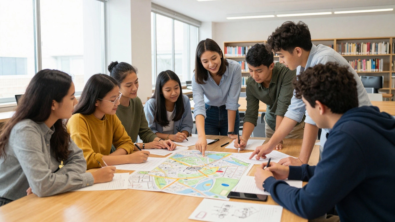 Community members collaborating on a project at a table