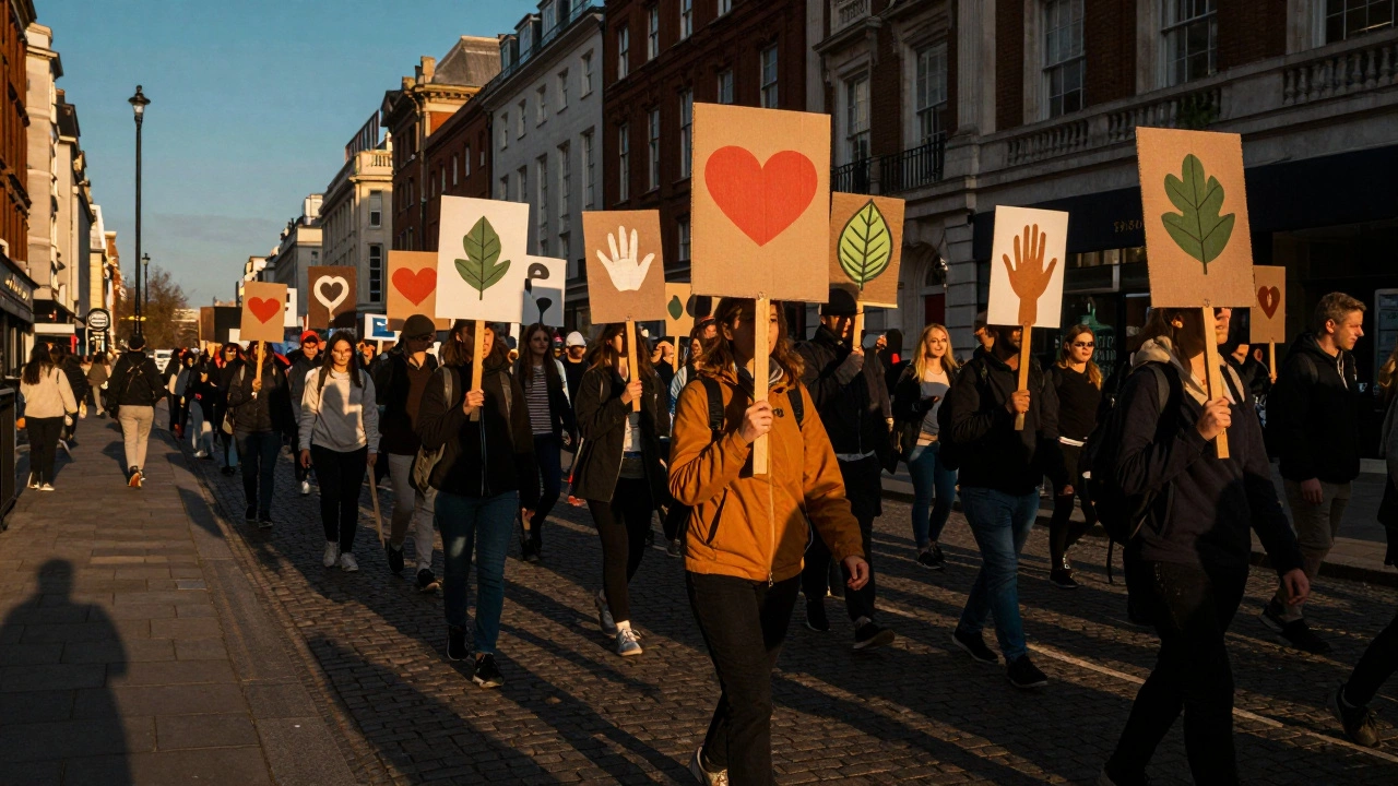 Crowd marching peacefully holding symbolic protest signs