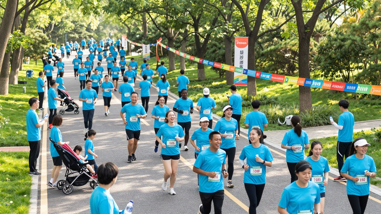 Crowd of people participating in a colorful community fun run.