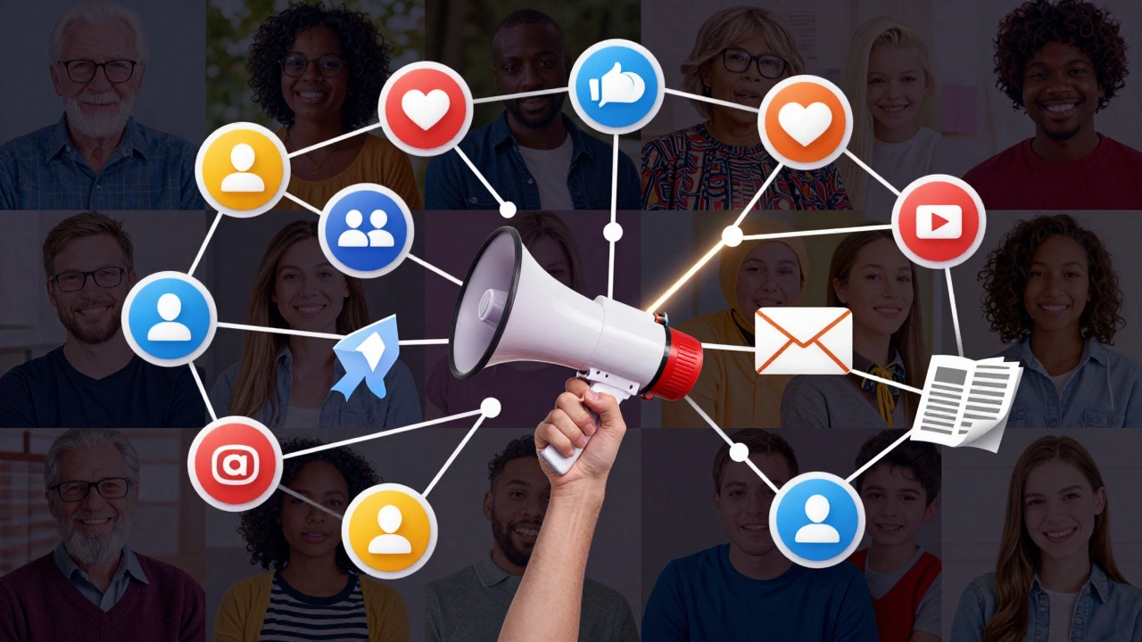 Digital art depicting diverse communication channels connecting to a community network.