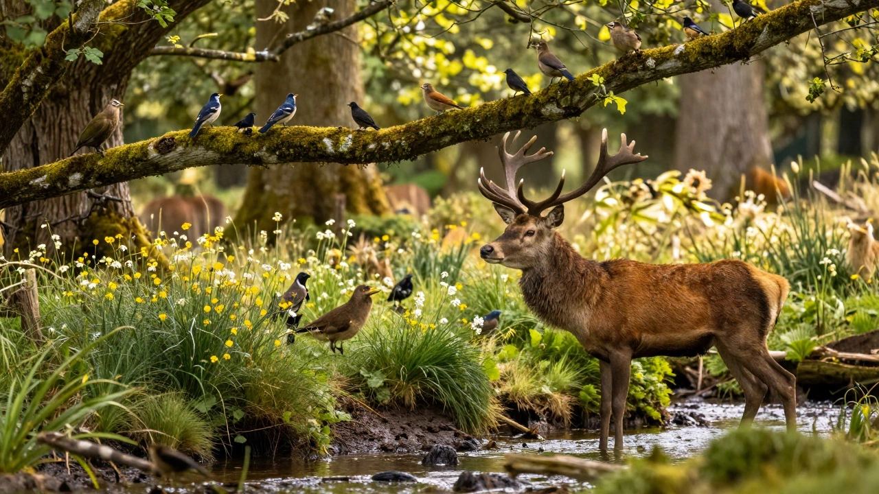 Diverse wildlife interacting in a sunlit temperate forest