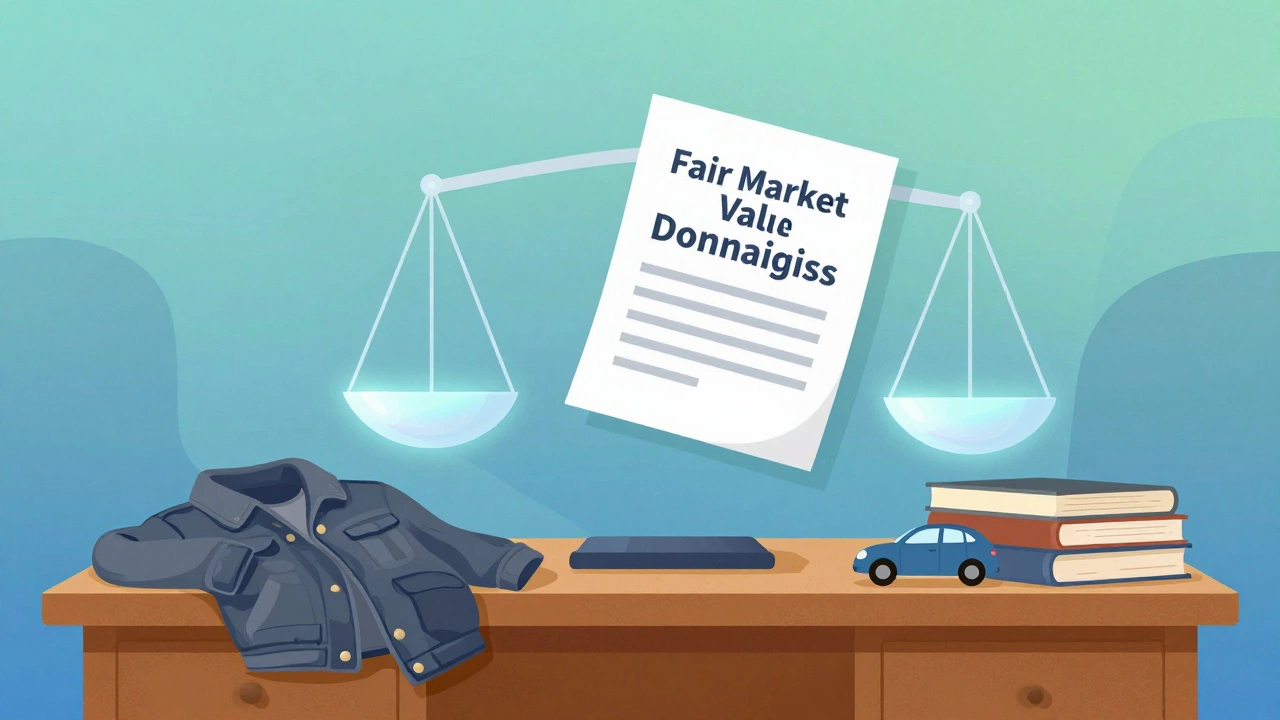 Illustration of donation items balanced on scales with fair market value concept