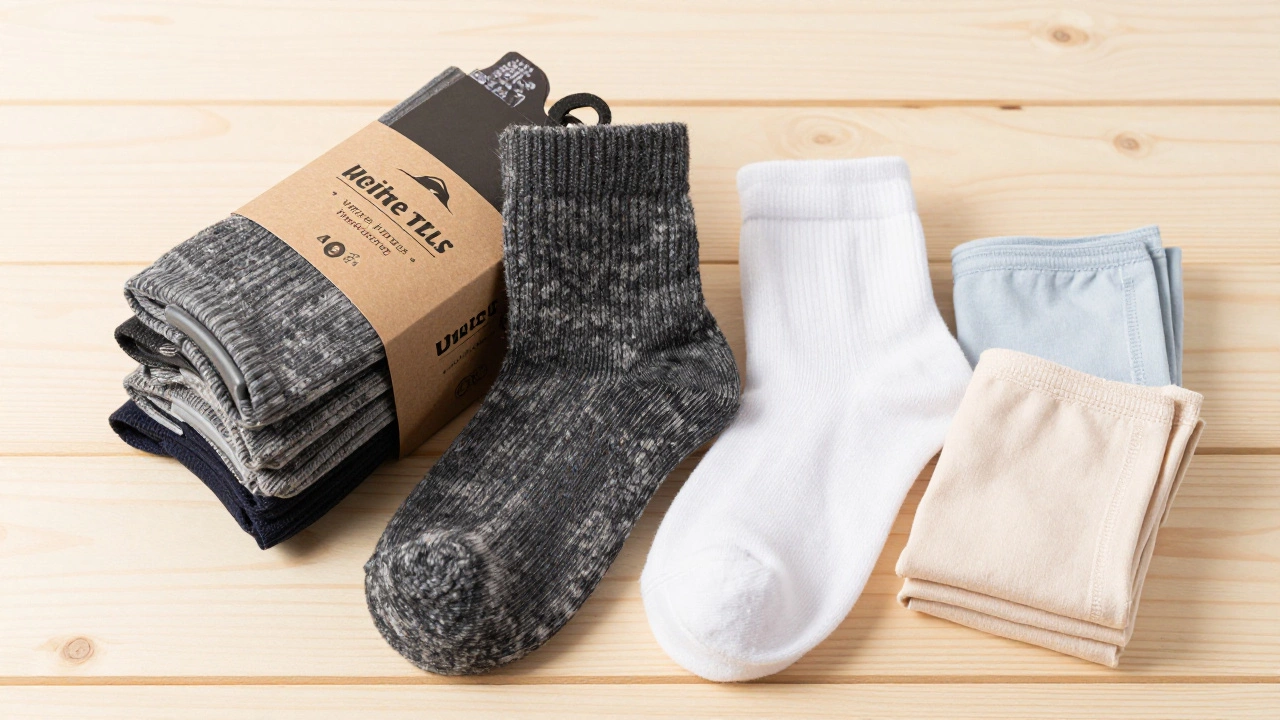 New wool socks and underwear in packaging on a wooden table