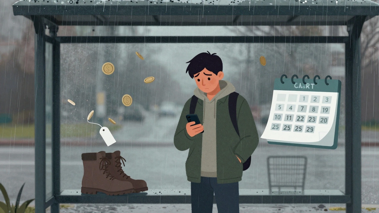 Person at bus stop surrounded by visual metaphors for financial costs