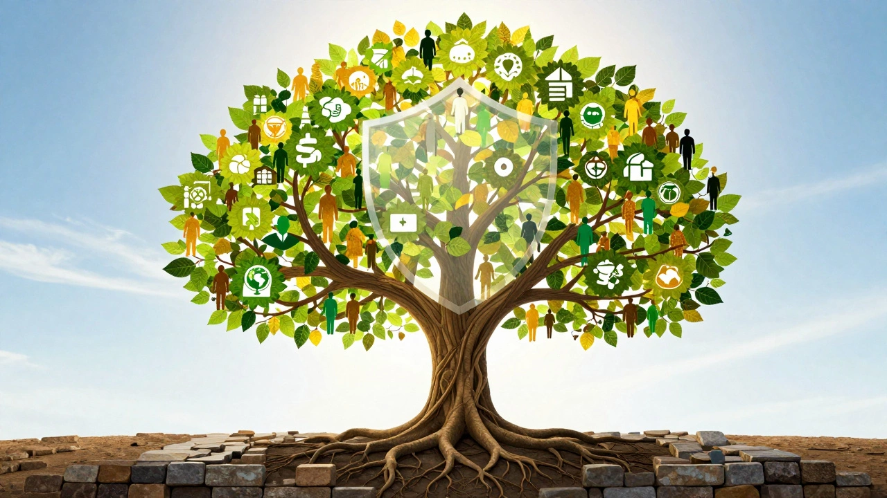 Radiant tree with human silhouette leaves, symbolizing public beneficial ownership of charity funds