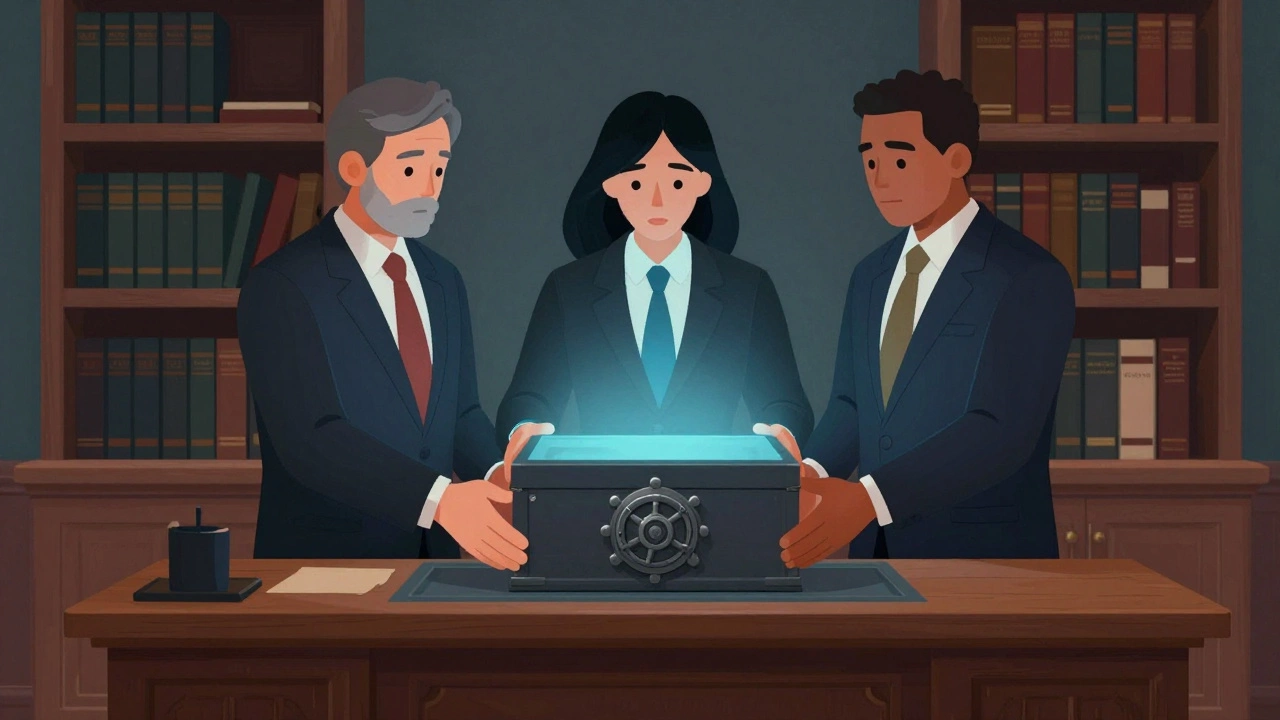 Trustees standing protectively behind a glowing vault, representing stewardship of charitable assets