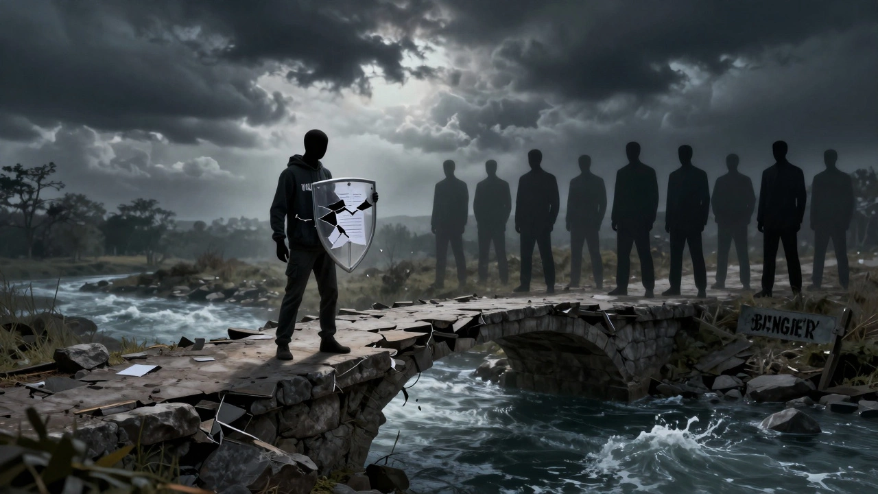 Volunteer standing on crumbling bridge, symbolizing safety risks