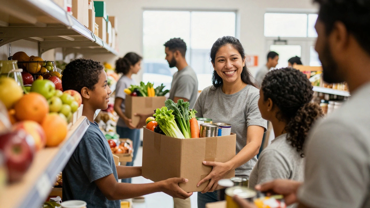 Volunteers distributing food to families at a local pantry
