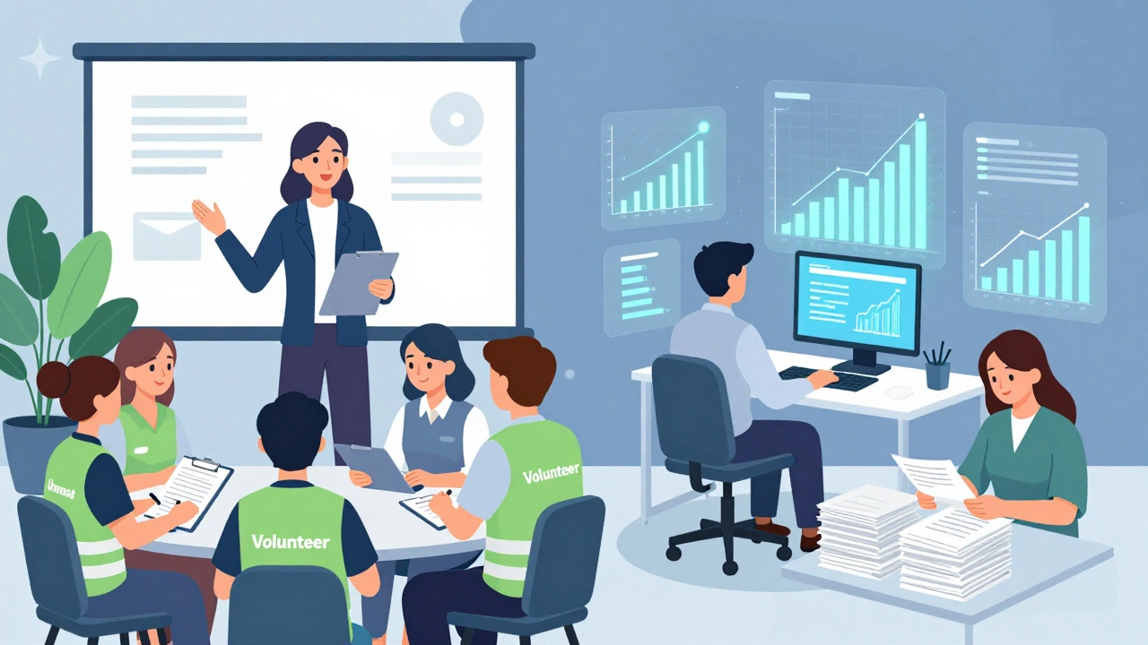 Volunteers training and analyst reviewing data charts