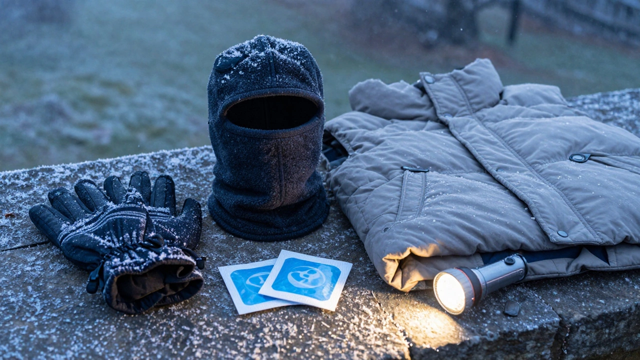 Winter survival gear including gloves, vest, and hand warmers