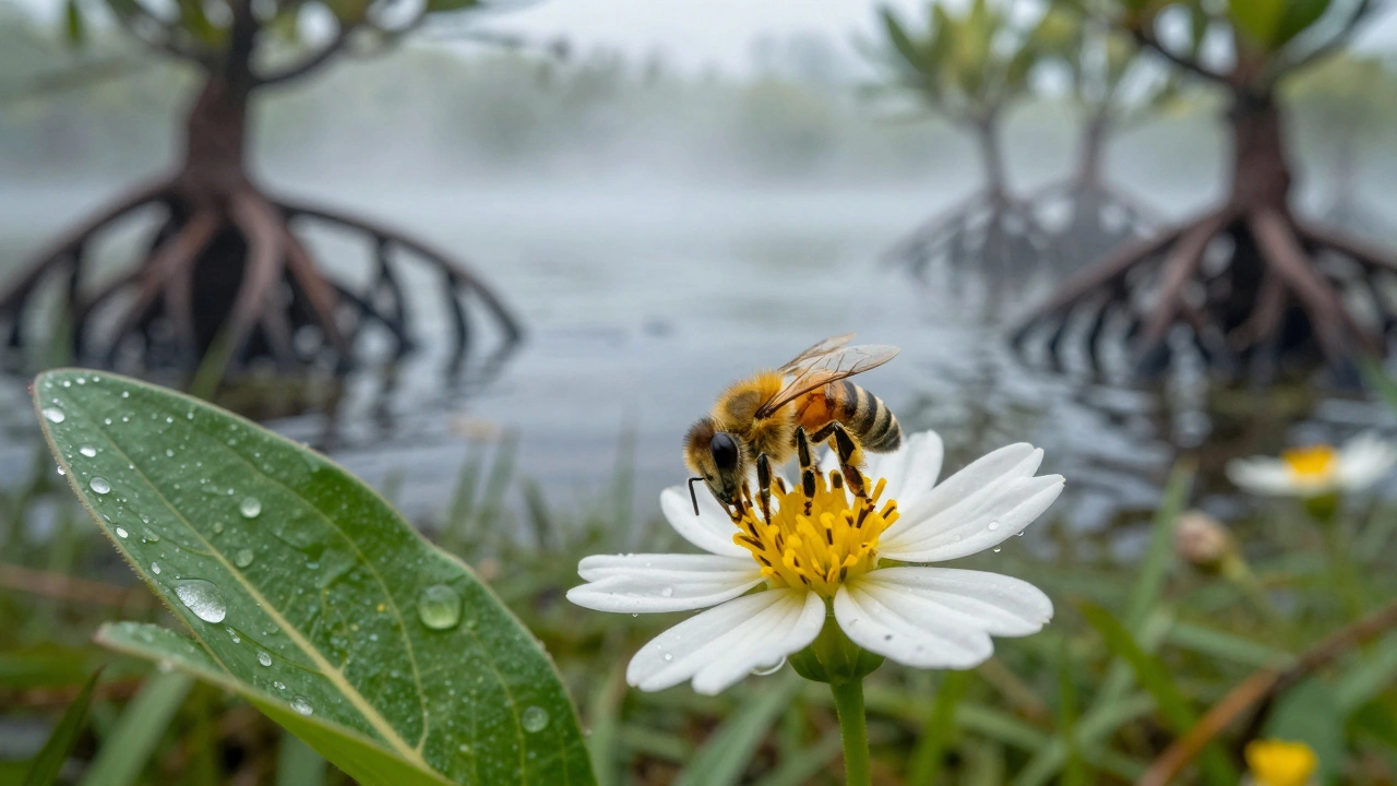Bee pollinating flower with wetlands and mangroves in background