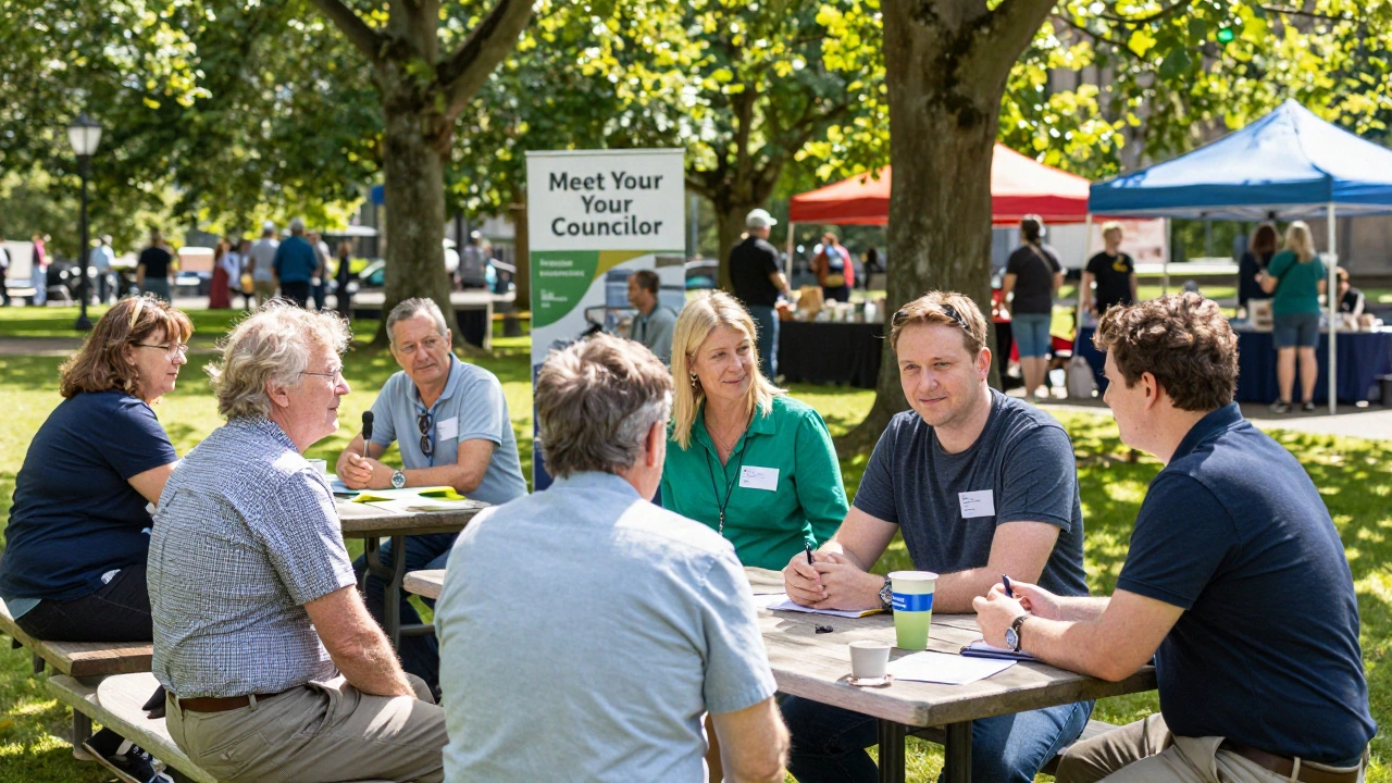 Councilors chatting informally with residents at picnic tables in a sunny Edinburgh park