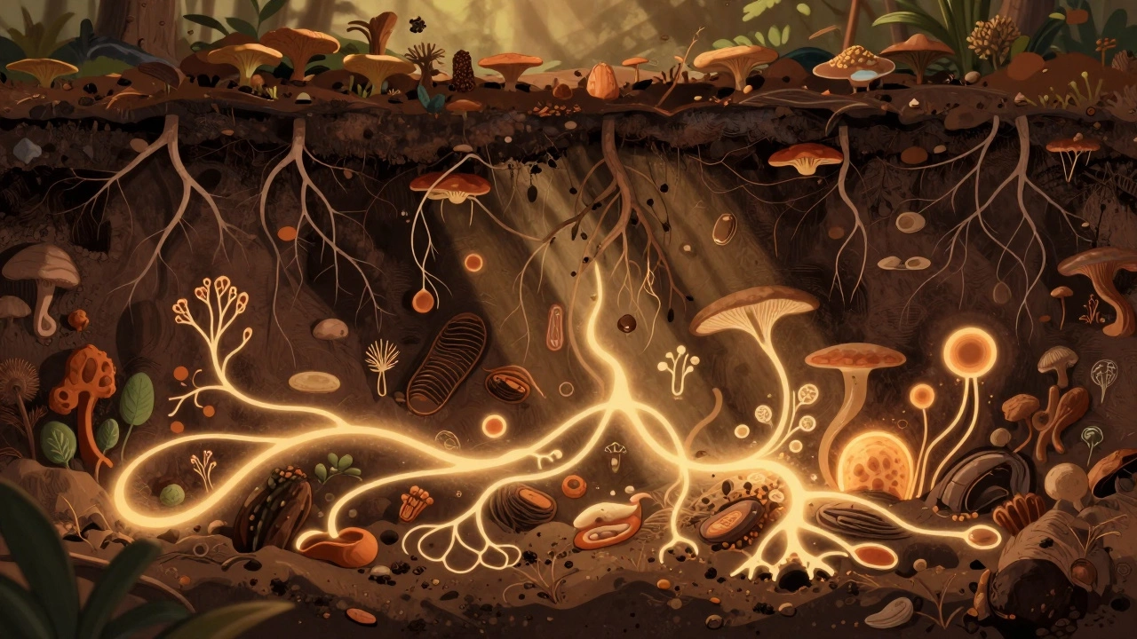 Cross-section of soil showing root systems and nutrient cycling