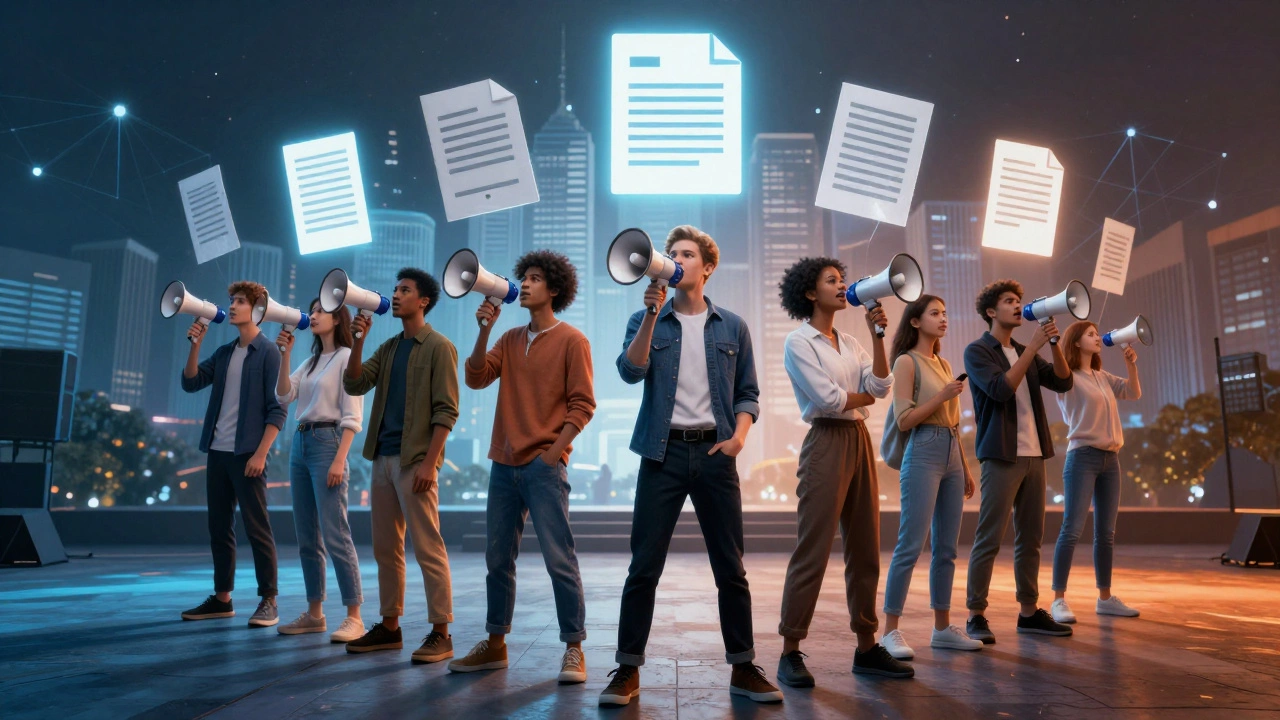 Diverse young activists speaking out with megaphones in a city