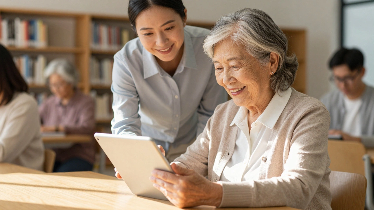 Elderly woman learning digital skills with a volunteer's help at a library