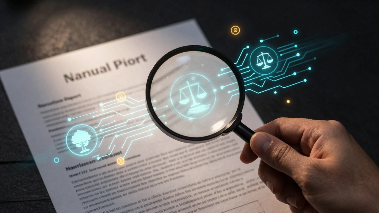 Hand using magnifying glass to inspect glowing patterns on a charity report.