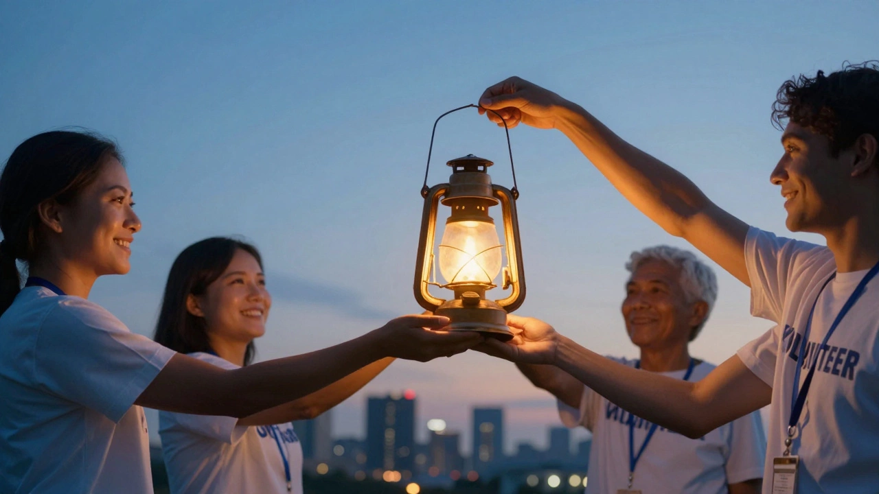 Hands passing a glowing lantern in a circle symbolizing volunteer partnership
