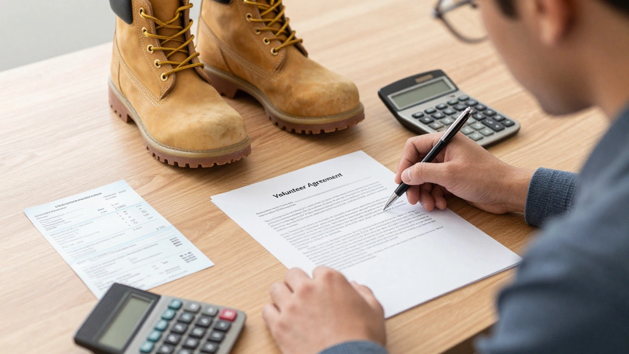 Person reviewing volunteer contract and calculating costs