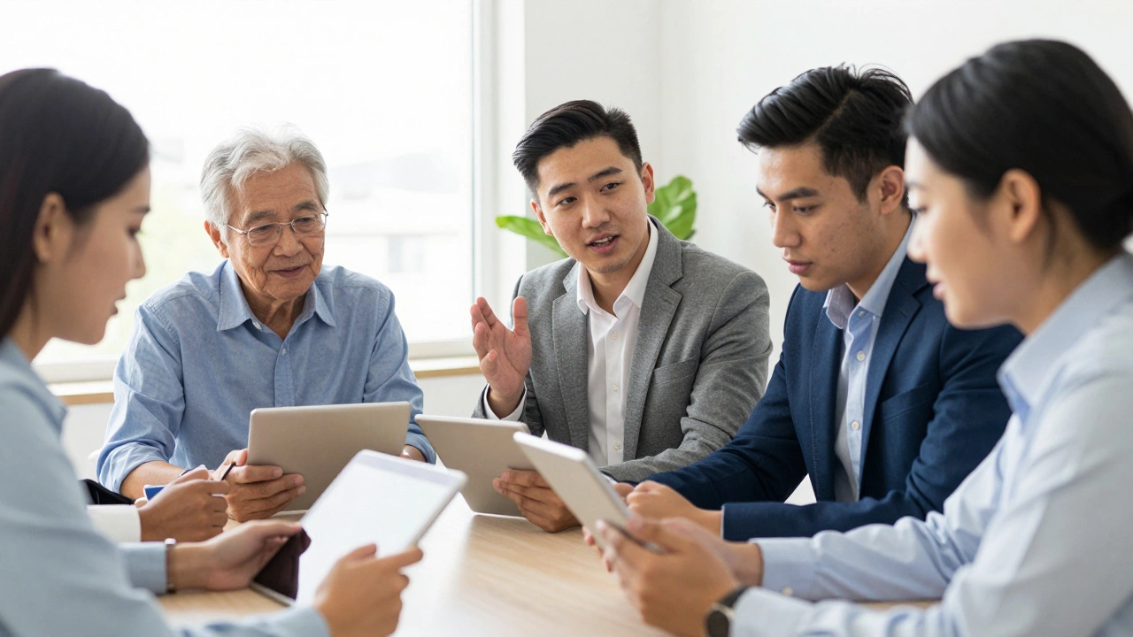 Professionals collaborating as equal partners in a modern, strategic workspace.