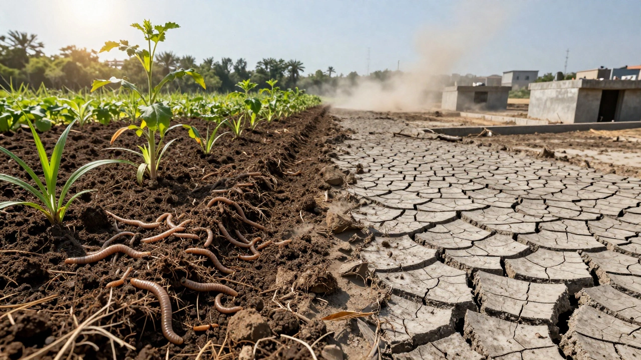 Split image showing healthy soil versus barren degraded land