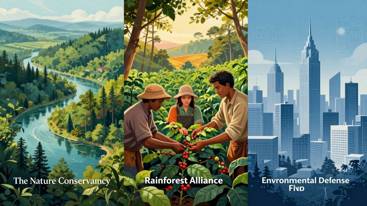 Split view showing forest conservation, sustainable farming, and policy planning.