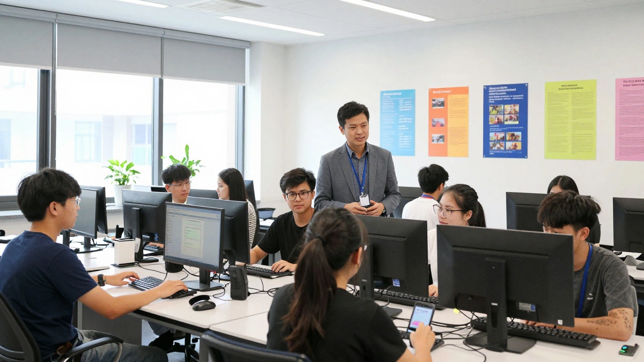 Students learning coding skills with engineers at a hands-on career workshop in a school