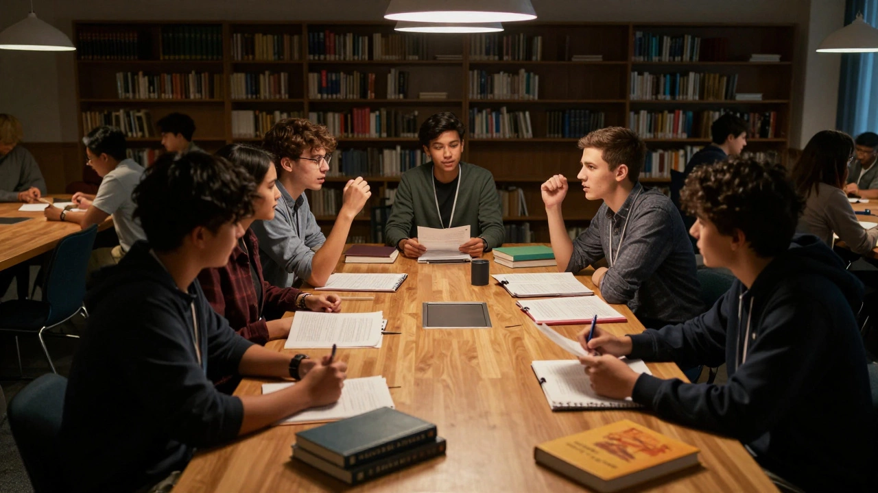Teenagers debating intensely around a table in a library