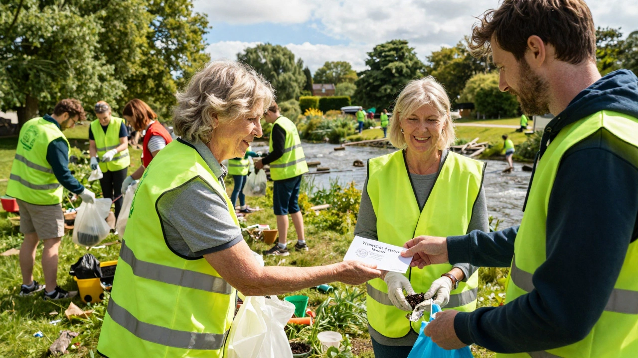 Volunteers connecting during an outdoor community event