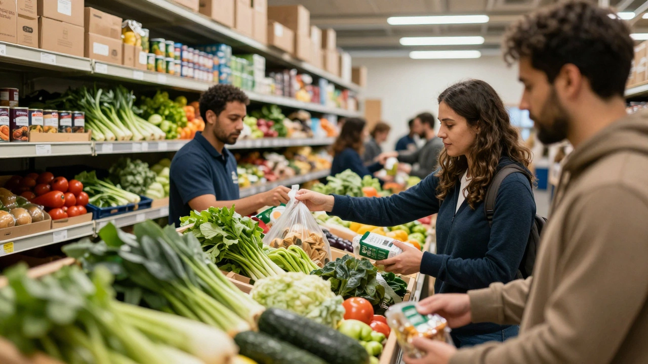 Volunteers helping clients choose groceries in a modern food bank warehouse