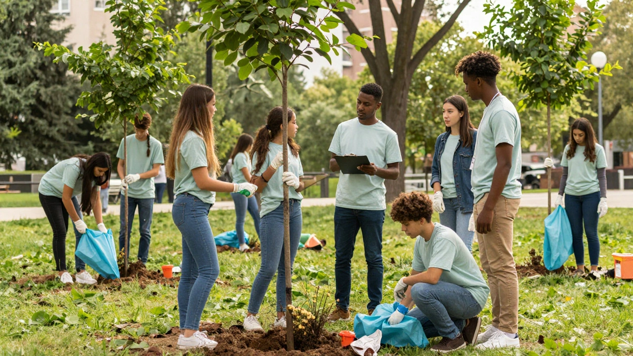 Youth volunteers planting trees and cleaning a park together