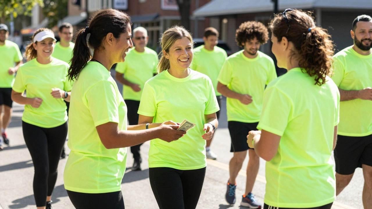 Community members running in a peer-to-peer fundraising event on a sunny day
