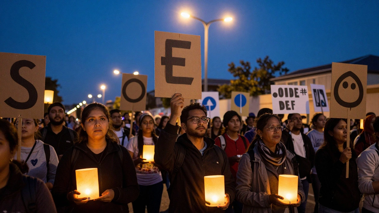 Crowd holding lanterns during an evening protest