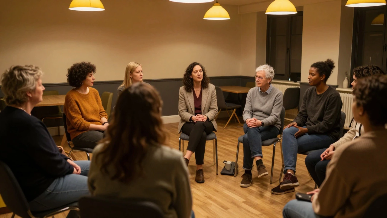 Diverse group sharing experiences in a warm peer support circle.
