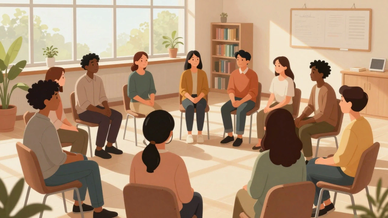 Diverse group sitting in a circle in a sunlit room, engaging in supportive conversation