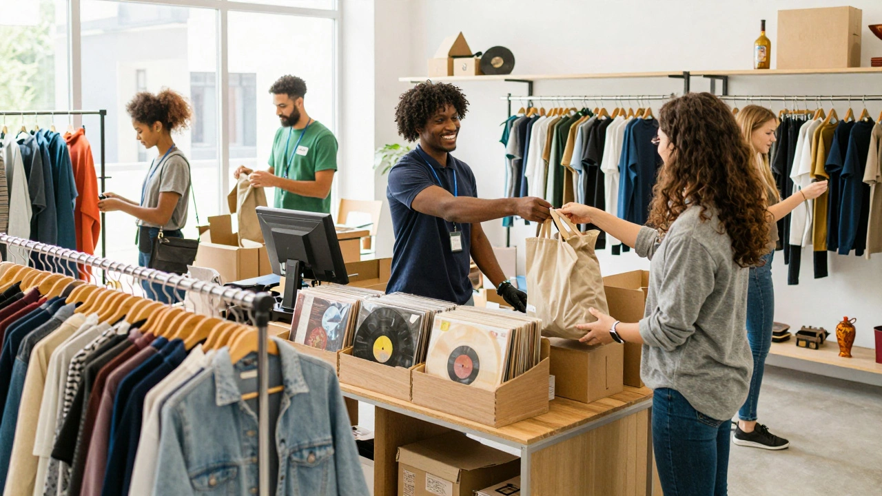 Friendly cashier serving customers in a busy charity store