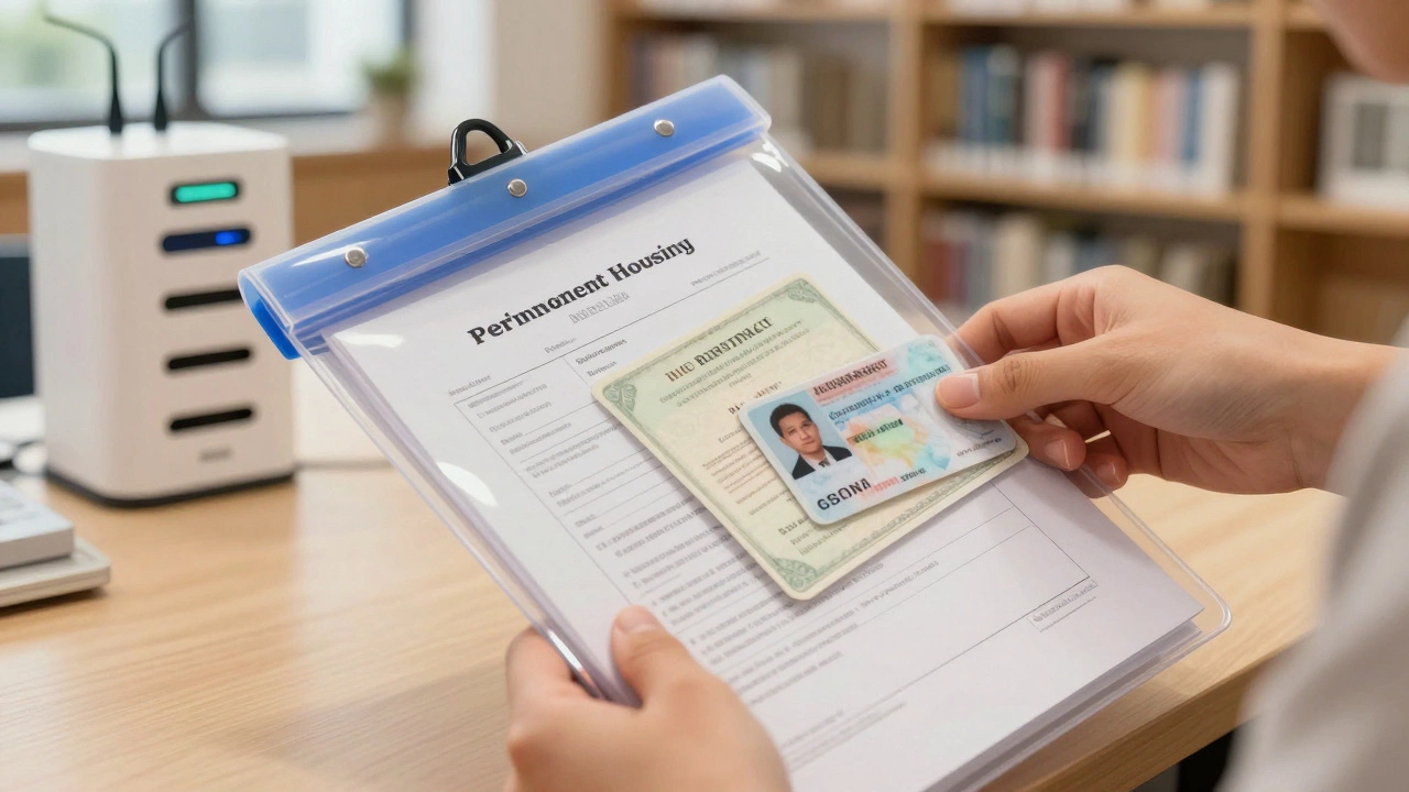 Hands organizing ID and medical documents in waterproof folder for housing