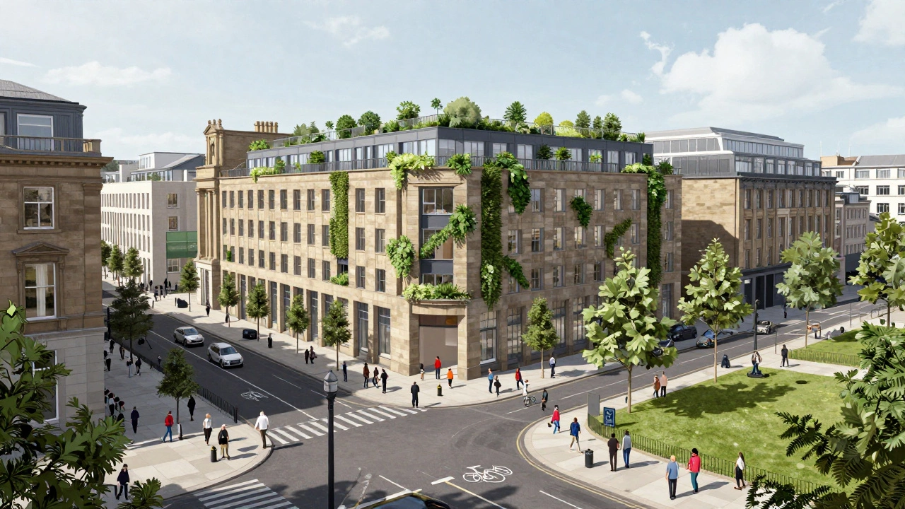Modern city street with green buildings and diverse people showing built and social environments