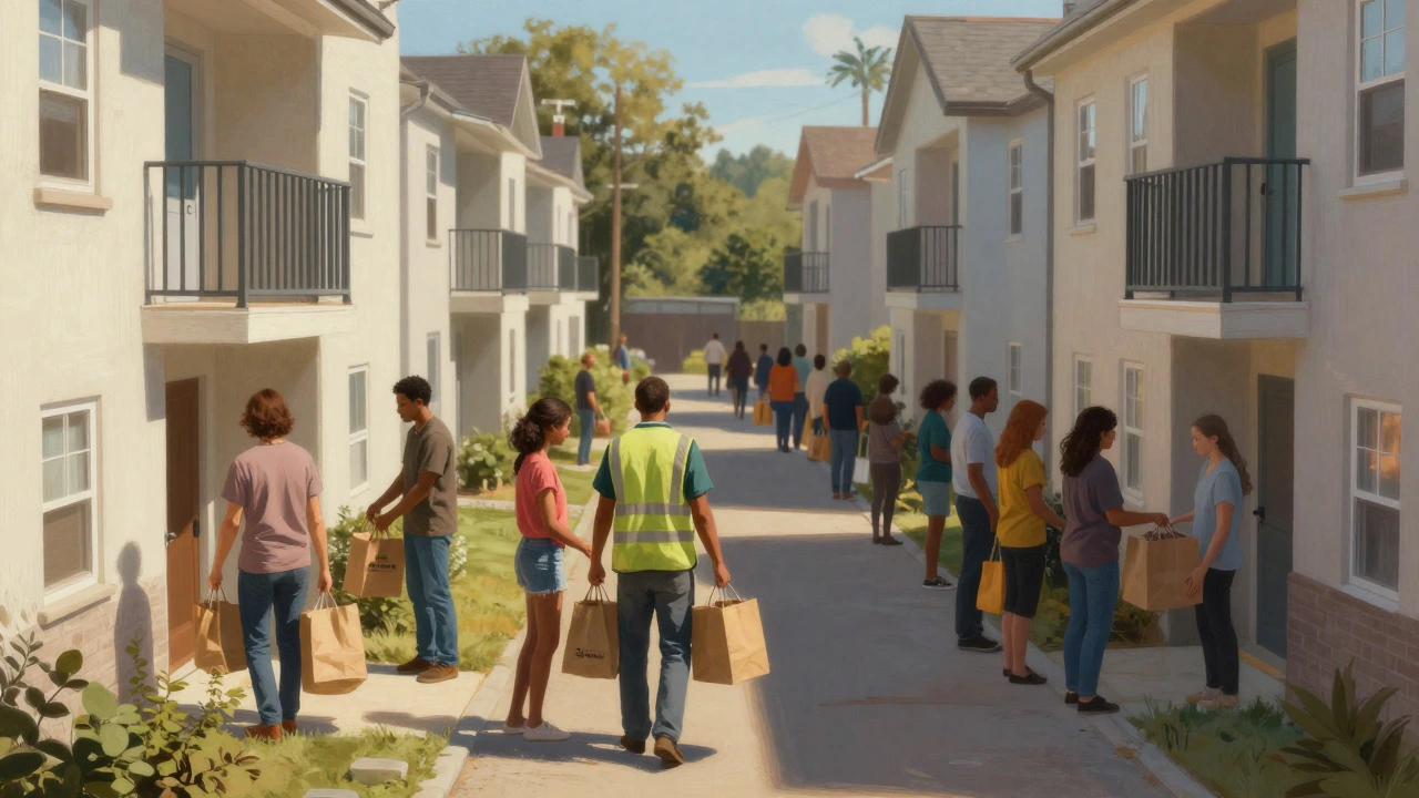 People moving into permanent housing with support, contrasting with waiting lines.