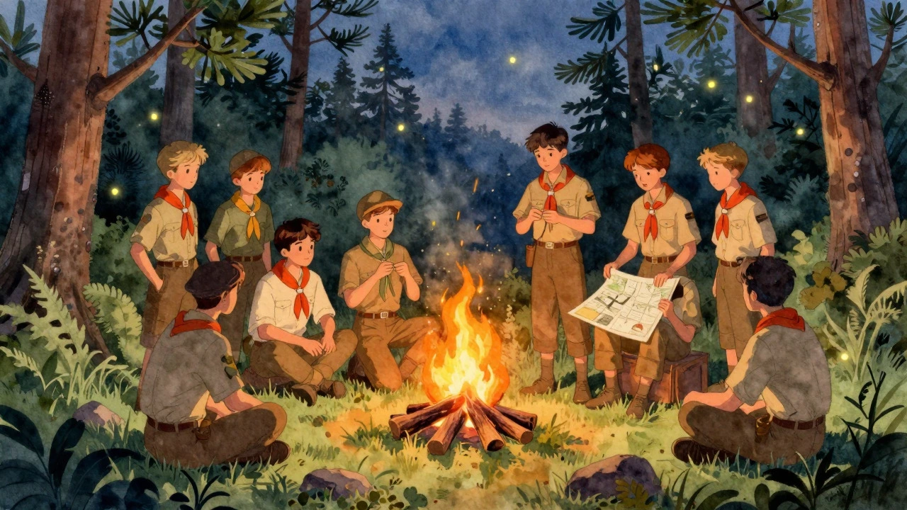 Scouts learning skills around a campfire in a forest setting