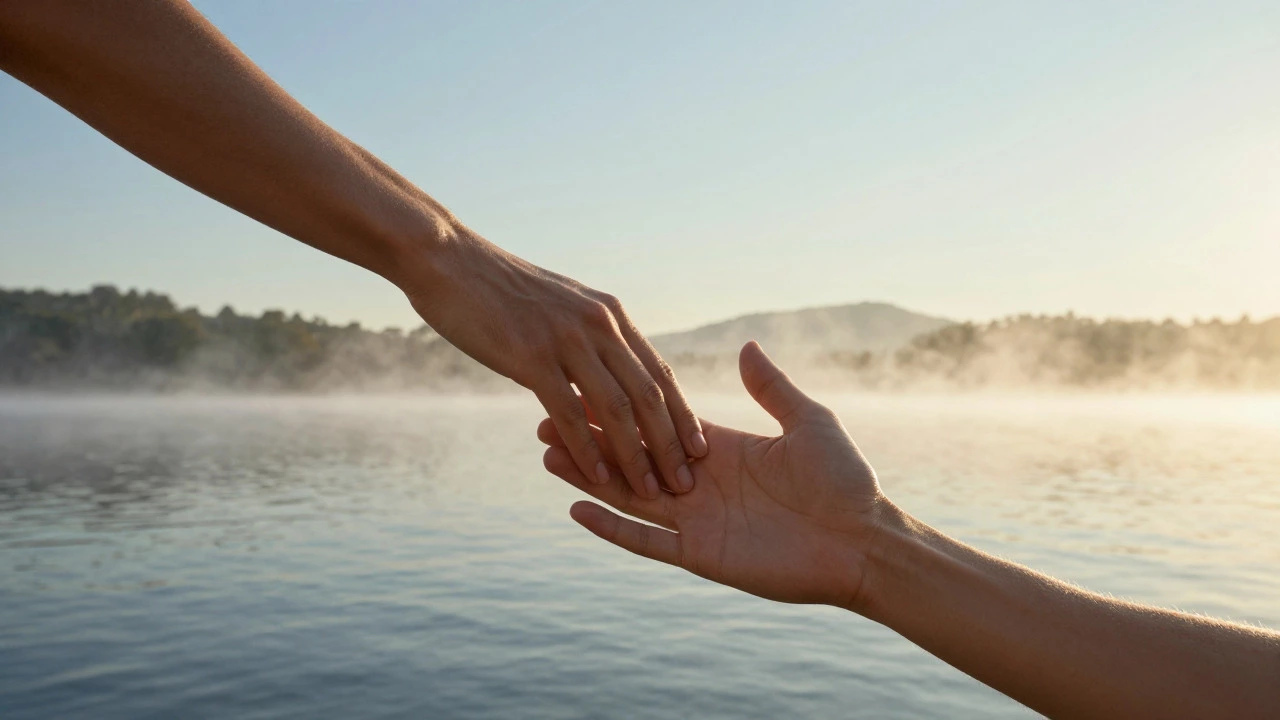 Two hands reaching towards each other over water, symbolizing connection and hope