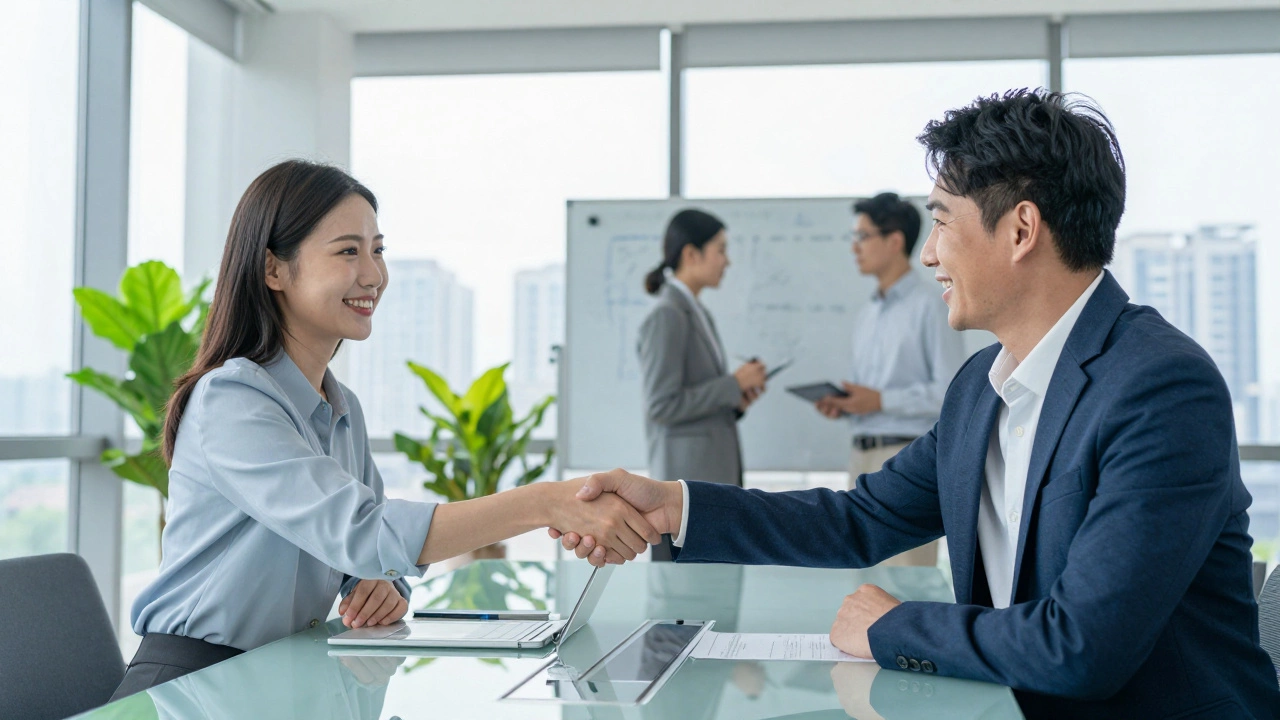 Two professionals shaking hands in a modern office