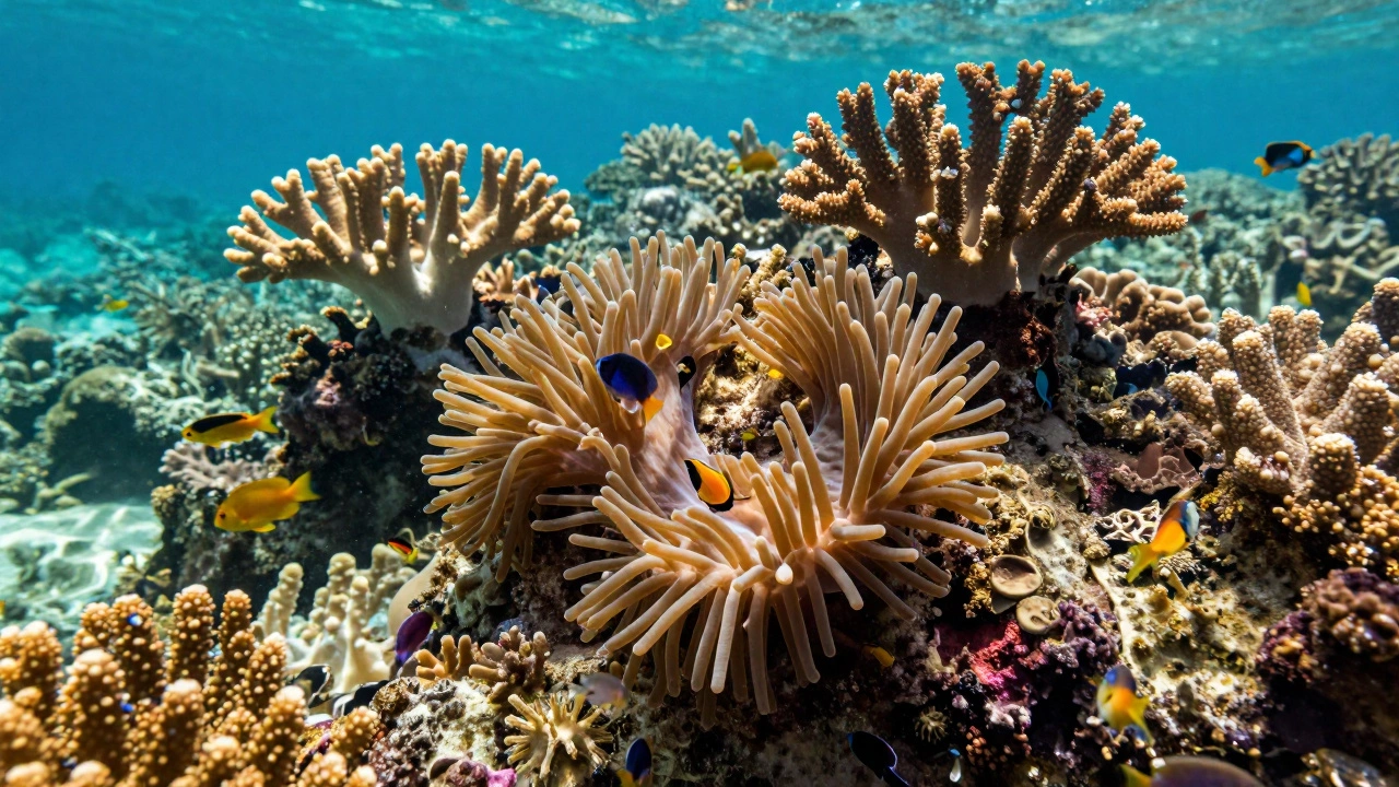 Vibrant underwater coral reef with fish and marine life depicting the biological environment