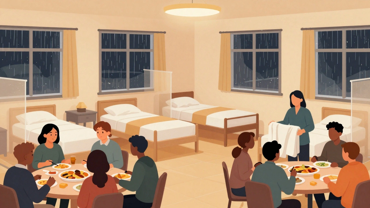 Warm interior of UK homeless shelter with people eating and resting safely