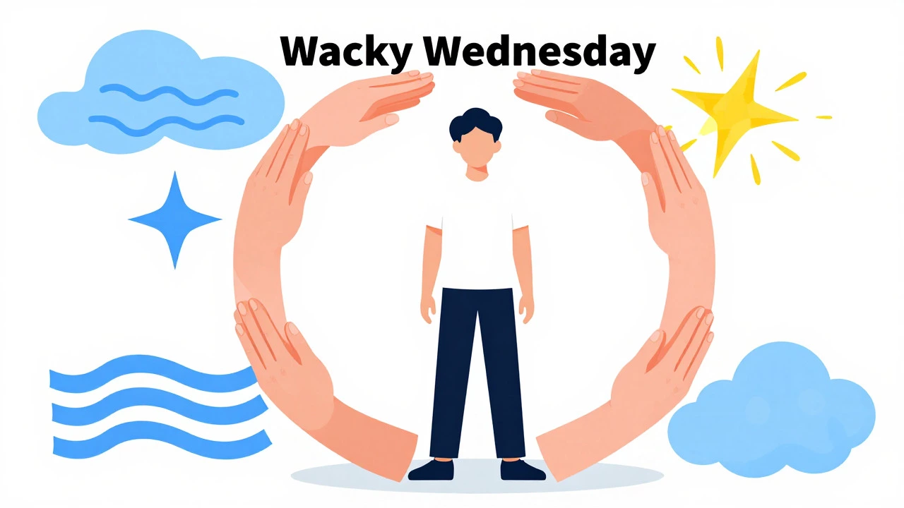 Abstract illustration showing a student surrounded by symbols of calm, connection, and creativity