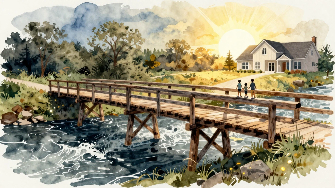An artistic depiction of a family crossing a bridge from darkness into sunlight